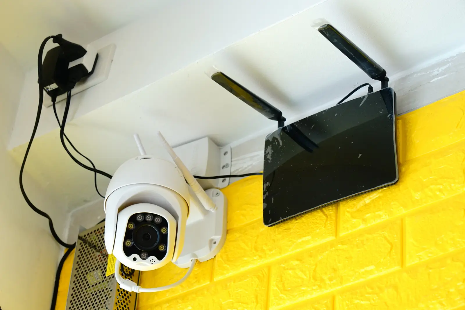 กล้อง CCTV และ Access Point ที่ติดตั้งบนผนัง